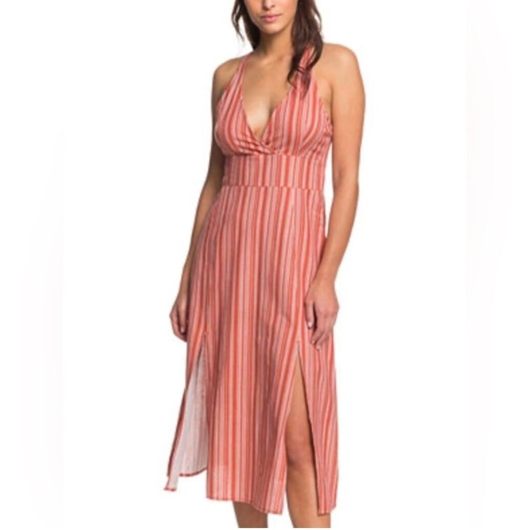 Boho Coastal Roxy “Young Goddess” Red & White Striped Linen‑Blend Midi Dress L